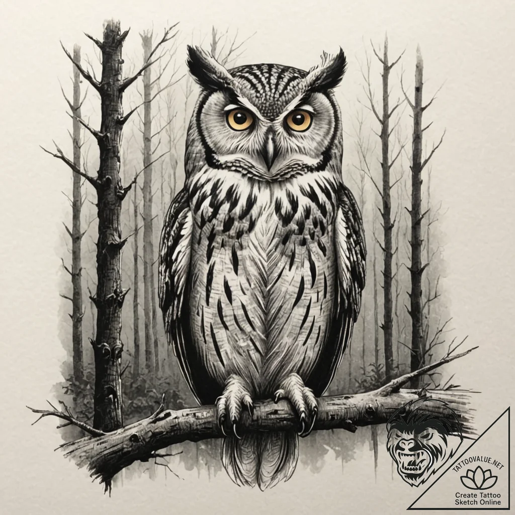 A wise-looking owl perched on a branch in a d... - tattoo sketch (№1753016601_0, 20.07.2025 13:03) — tattoovalue.net