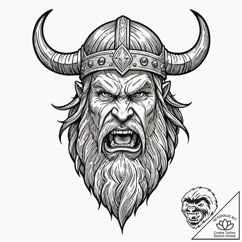 Tattoo design a viking berserker's face, mid-... - tattoo sketch (№1753017512_0, 20.07.2025 13:18) — tattoovalue.net