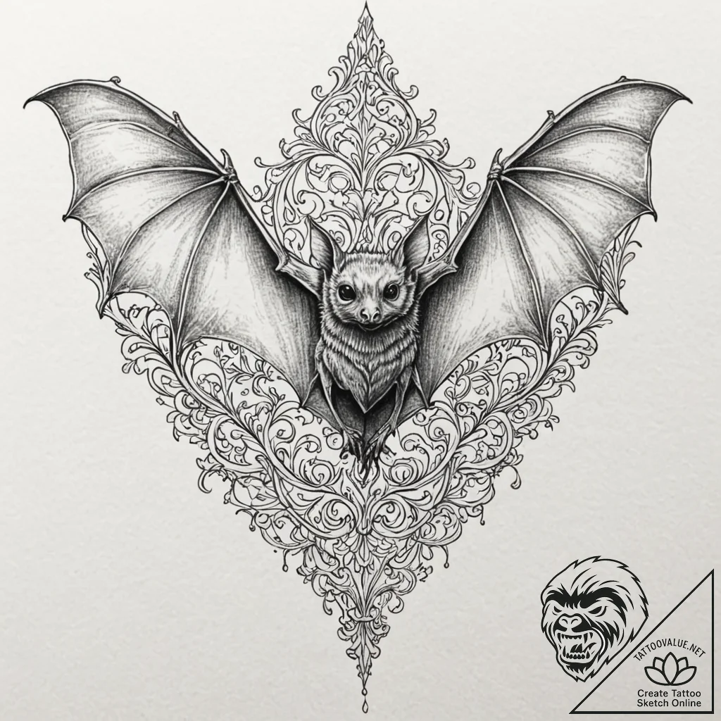 A linework tattoo of a vampire bat in flight,... - tattoo sketch (№1753019000_0, 20.07.2025 13:43) — tattoovalue.net