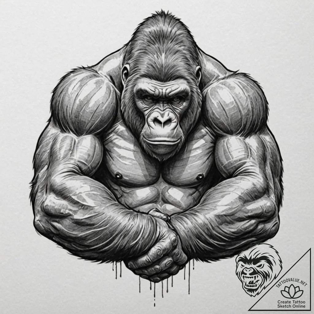 Tattoo sketch a powerful gorilla, hands clenc... - tattoo sketch (№1753019414_0, 20.07.2025 13:50) — tattoovalue.net