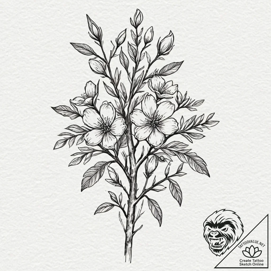 Tattoo design a branch with multiple blossoms... - tattoo sketch (№1753020073_0, 20.07.2025 14:01) — tattoovalue.net