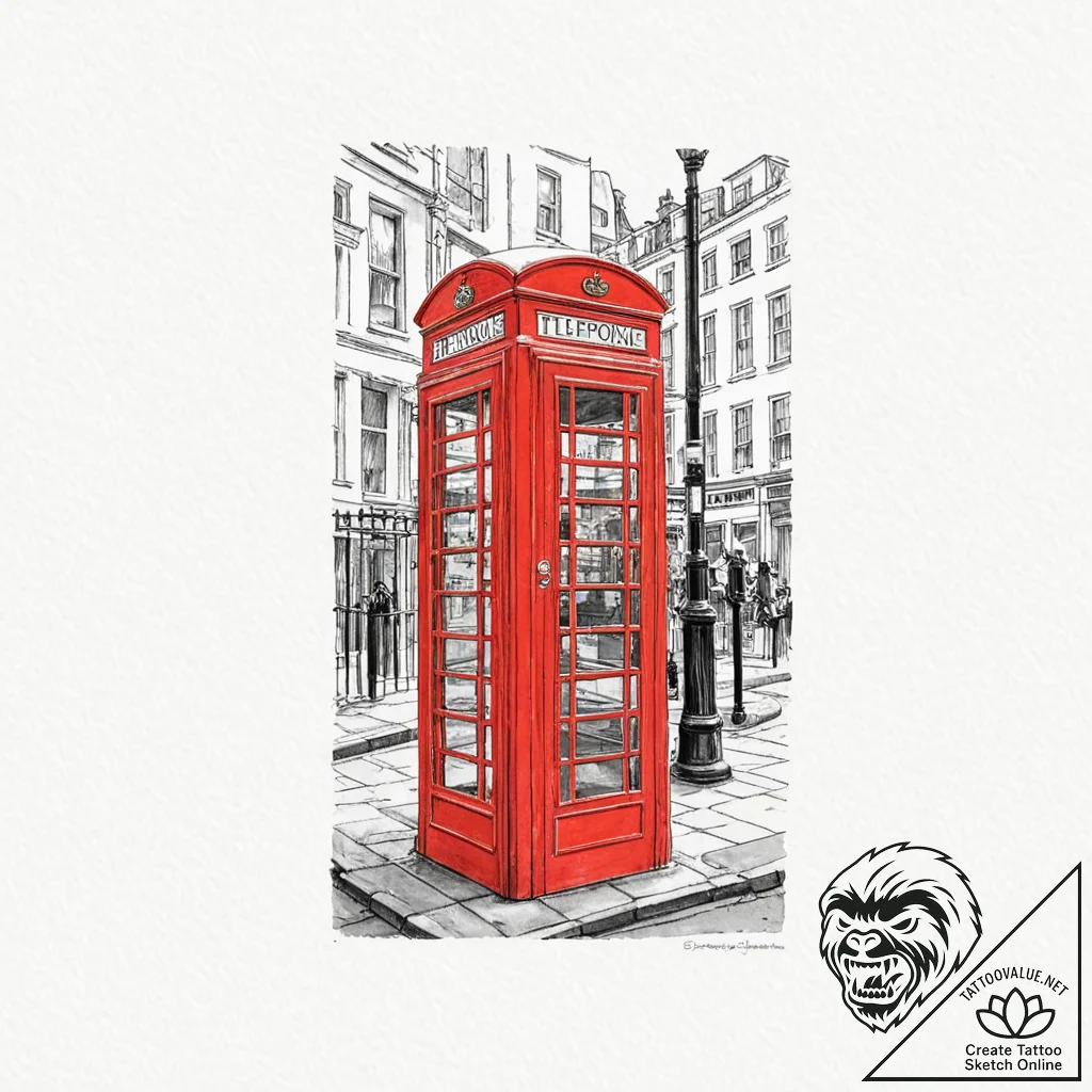 An old-fashioned red telephone box on a londo... - tattoo sketch (№1753020237_0, 20.07.2025 14:03) — tattoovalue.net