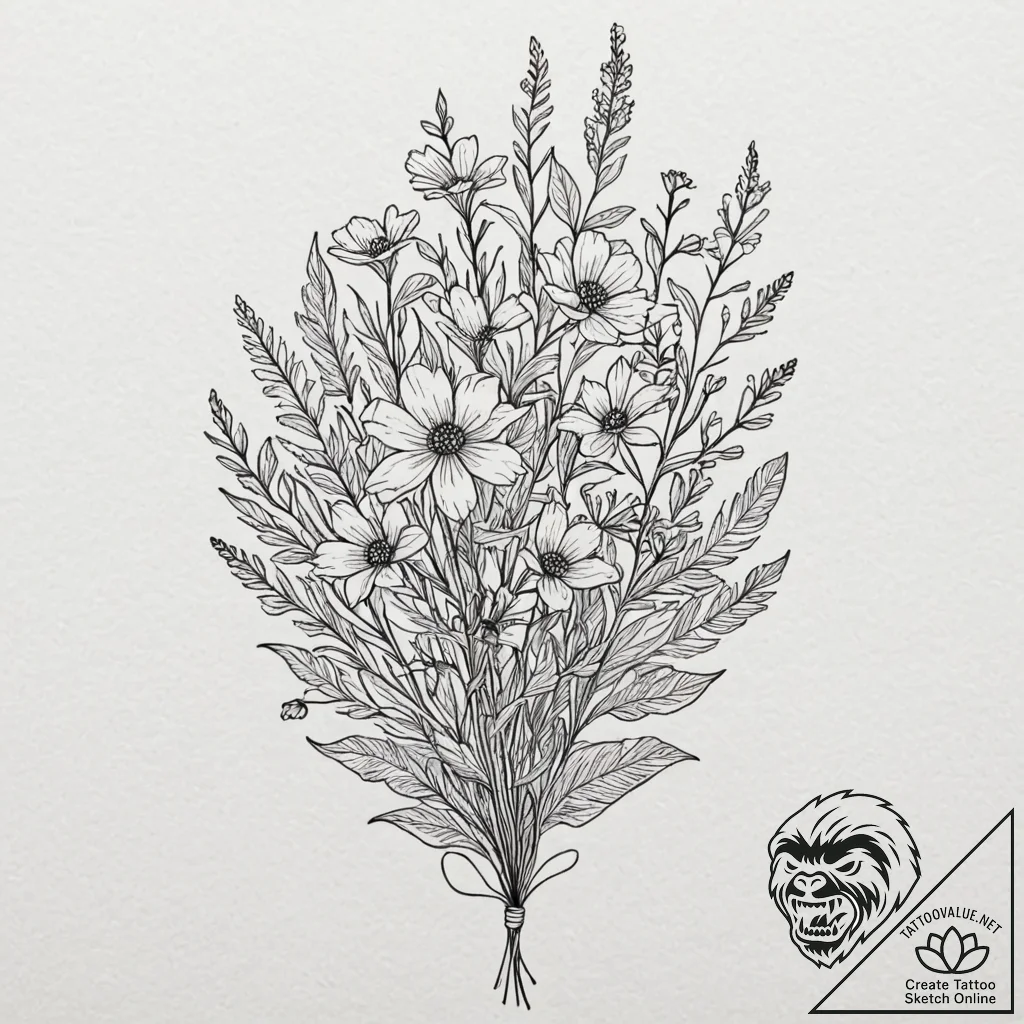 Tattoo design a small bouquet of wildflowers,... - tattoo sketch (№1753020485_0, 20.07.2025 14:08) — tattoovalue.net