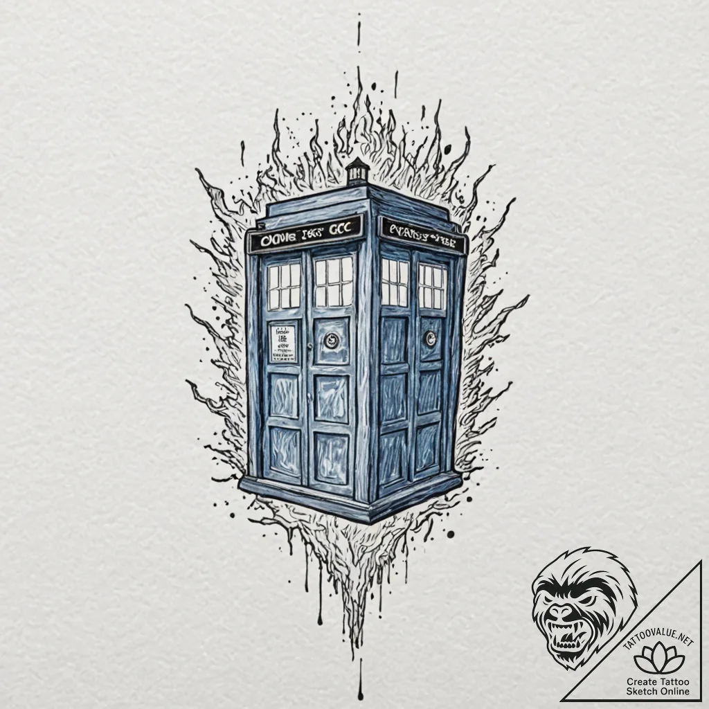 A watercolor tattoo of the tardis exploding,... - tattoo sketch (№1753020732_0, 20.07.2025 14:12) — tattoovalue.net