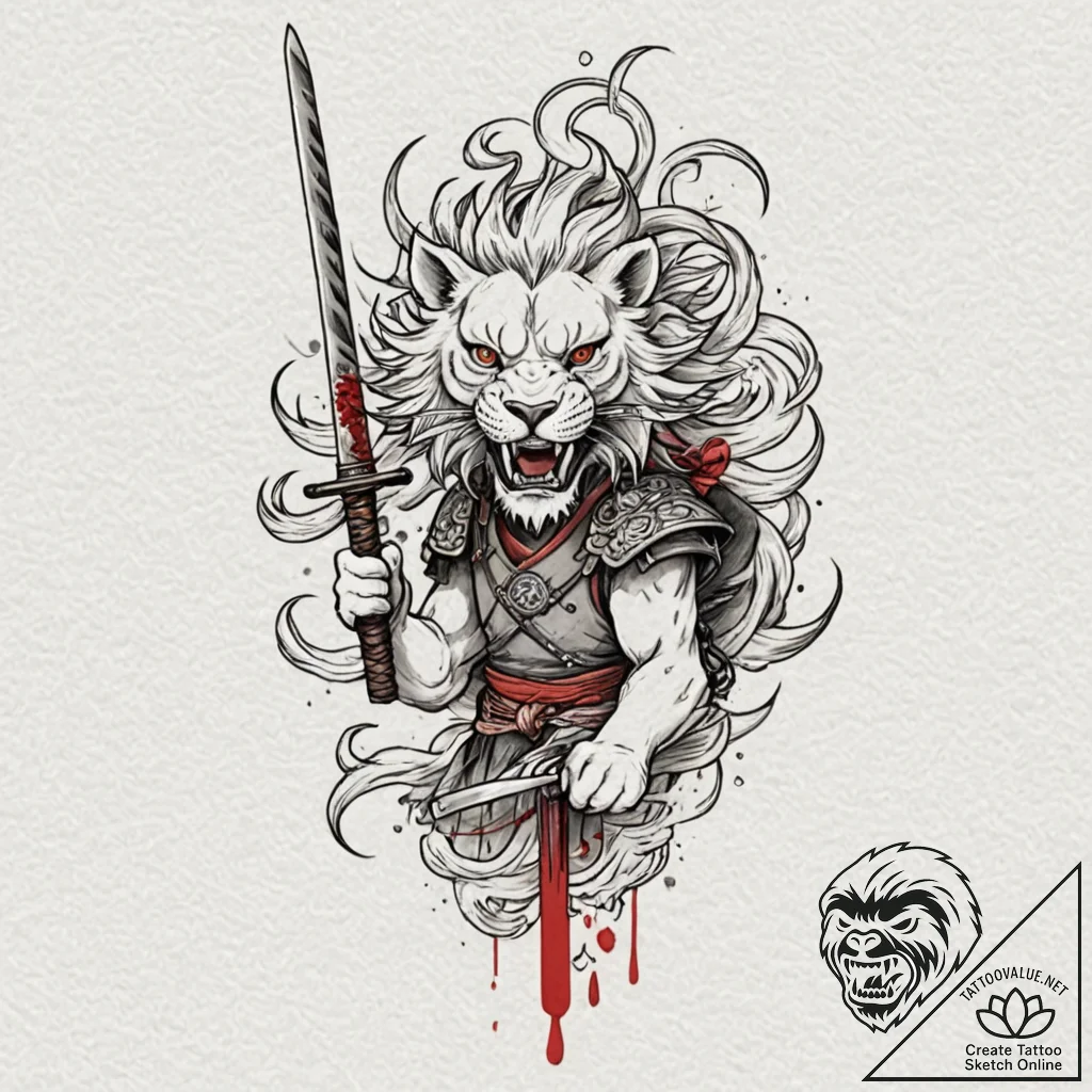 A neo-traditional tattoo of a bloody samurai... - tattoo sketch (№1753020897_0, 20.07.2025 14:14) — tattoovalue.net