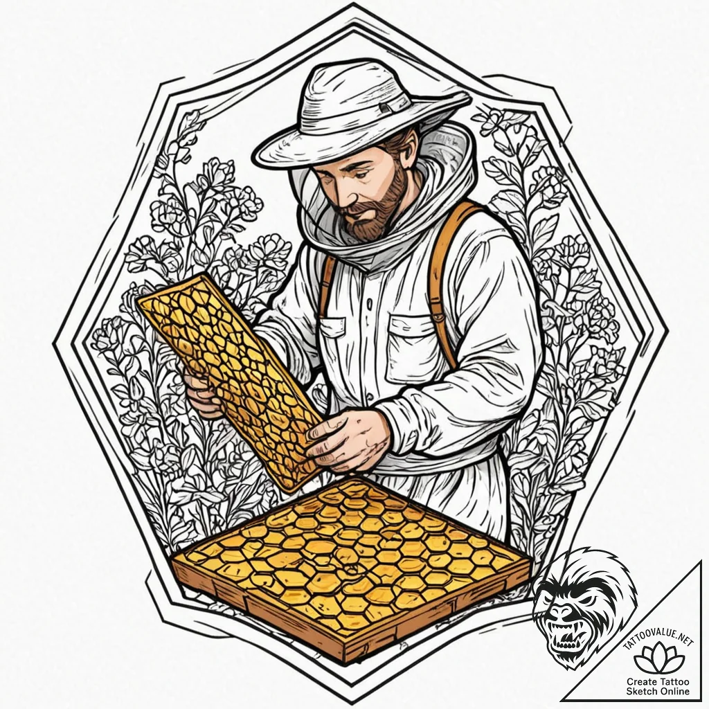 A beekeeper inspecting a honeycomb frame., ta... - tattoo sketch (№1753021808_0, 20.07.2025 14:30) — tattoovalue.net