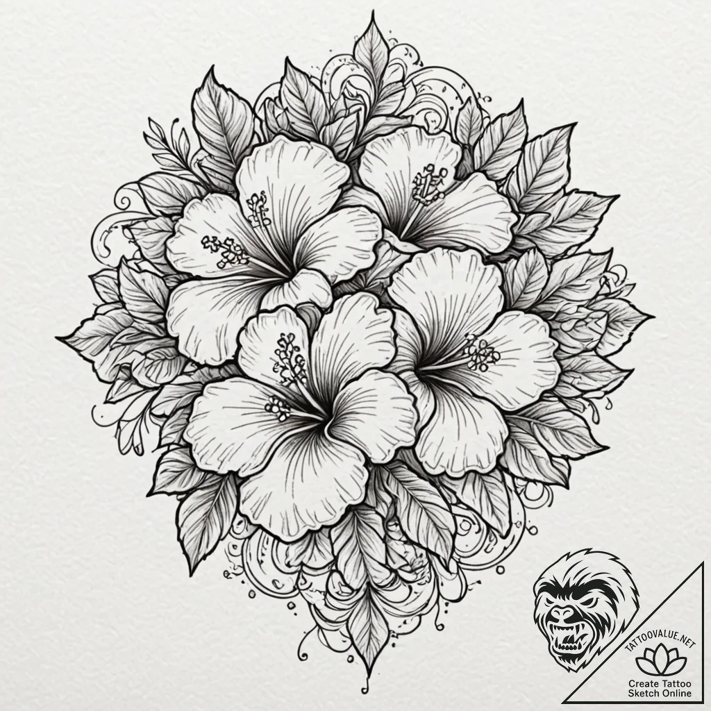 Hibiscus, artistic tattoo sketch, on a clean... - tattoo sketch (№1753022556_0, 20.07.2025 14:42) — tattoovalue.net