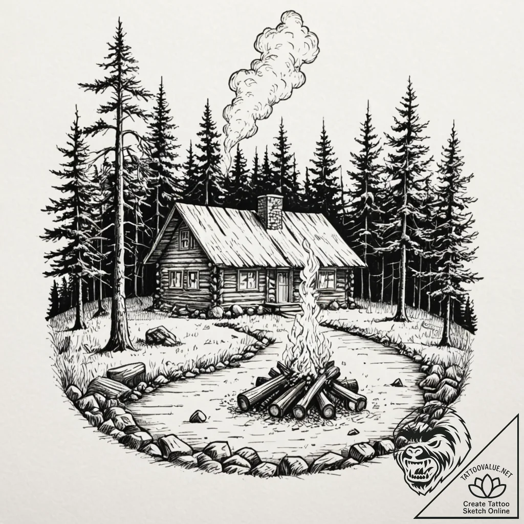 The interior of a log cabin with a fire roari... - tattoo sketch (№1753023967_0, 20.07.2025 15:06) — tattoovalue.net