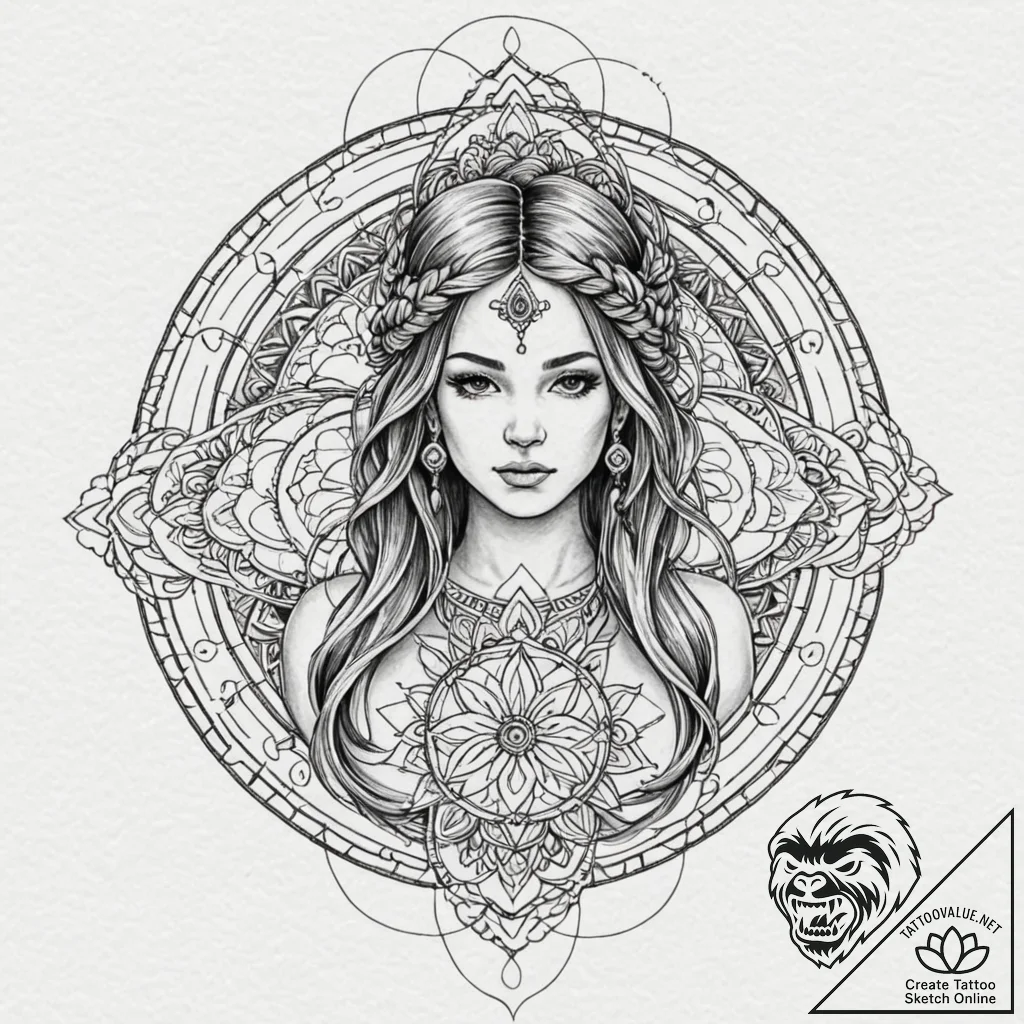 Tattoo sketch: mokosh, depicted as a serene w... - tattoo sketch (№1753024629_0, 20.07.2025 15:17) — tattoovalue.net
