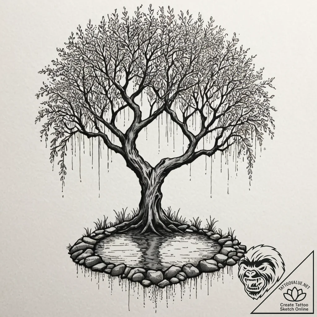 Tattoo sketch an abstract weeping willow tree... - tattoo sketch (№1753025869_0, 20.07.2025 15:37) — tattoovalue.net