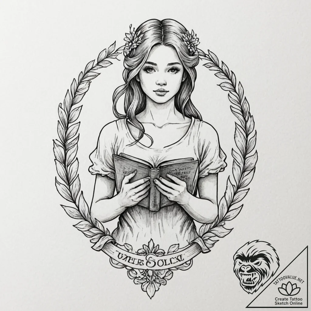 Tattoo design a virgo maiden, holding a book... - tattoo sketch (№1753026281_0, 20.07.2025 15:44) — tattoovalue.net