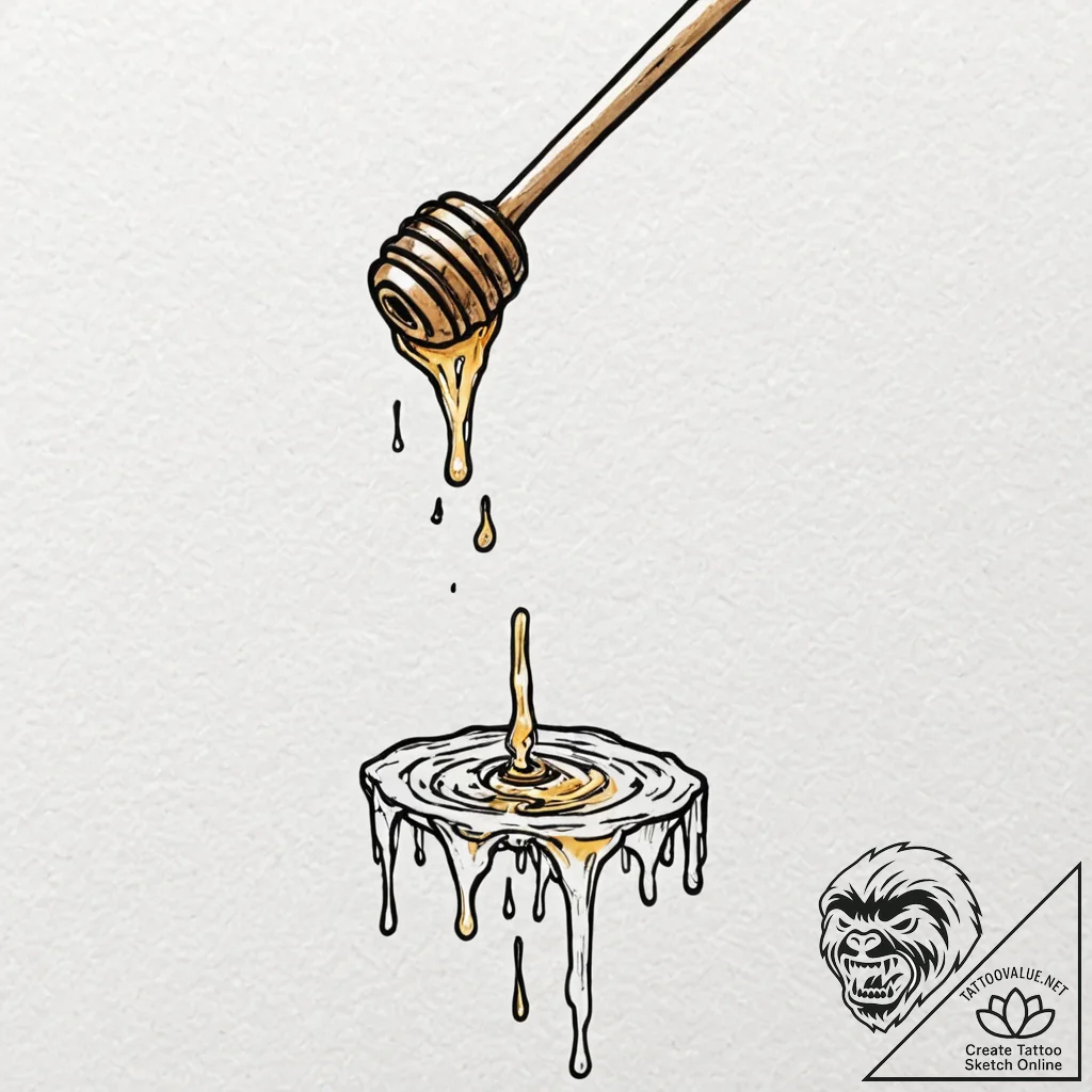 A close-up of honey dripping from a wooden di... - tattoo sketch (№1753028097_0, 20.07.2025 16:14) — tattoovalue.net