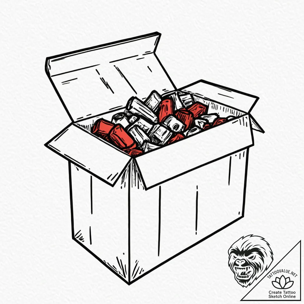 A trash polka composition of the mystery box... - tattoo sketch (№1753028179_0, 20.07.2025 16:16) — tattoovalue.net