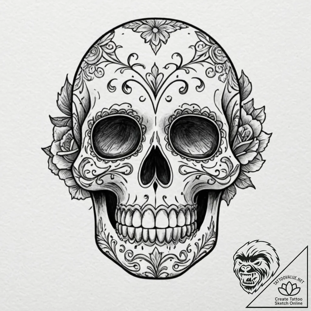 Sugar skull, artistic tattoo sketch, black an... - tattoo sketch (№1753028345_0, 20.07.2025 16:19) — tattoovalue.net