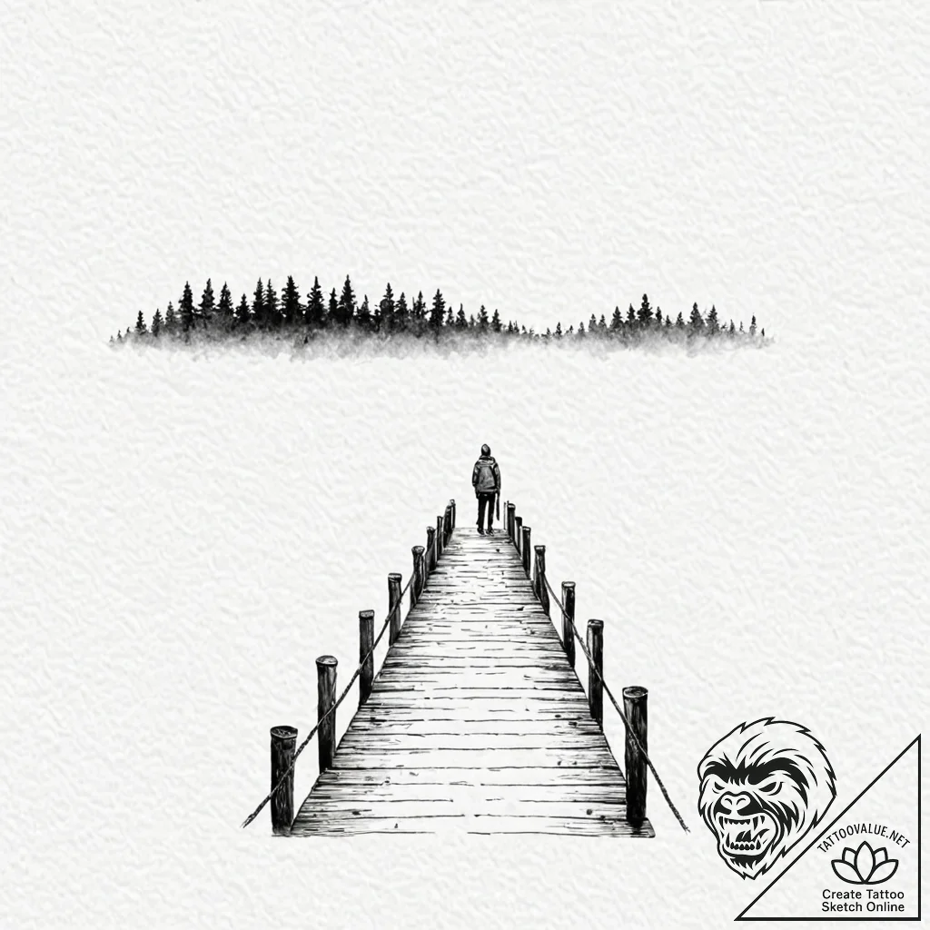A lone figure standing at the end of a pier o... - tattoo sketch (№1753029094_0, 20.07.2025 16:31) — tattoovalue.net