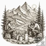 A group of hikers taking a break at a mountai… – tattoo sketch (№1753029259_0, 20.07.2025 16:34) — tattoovalue.net