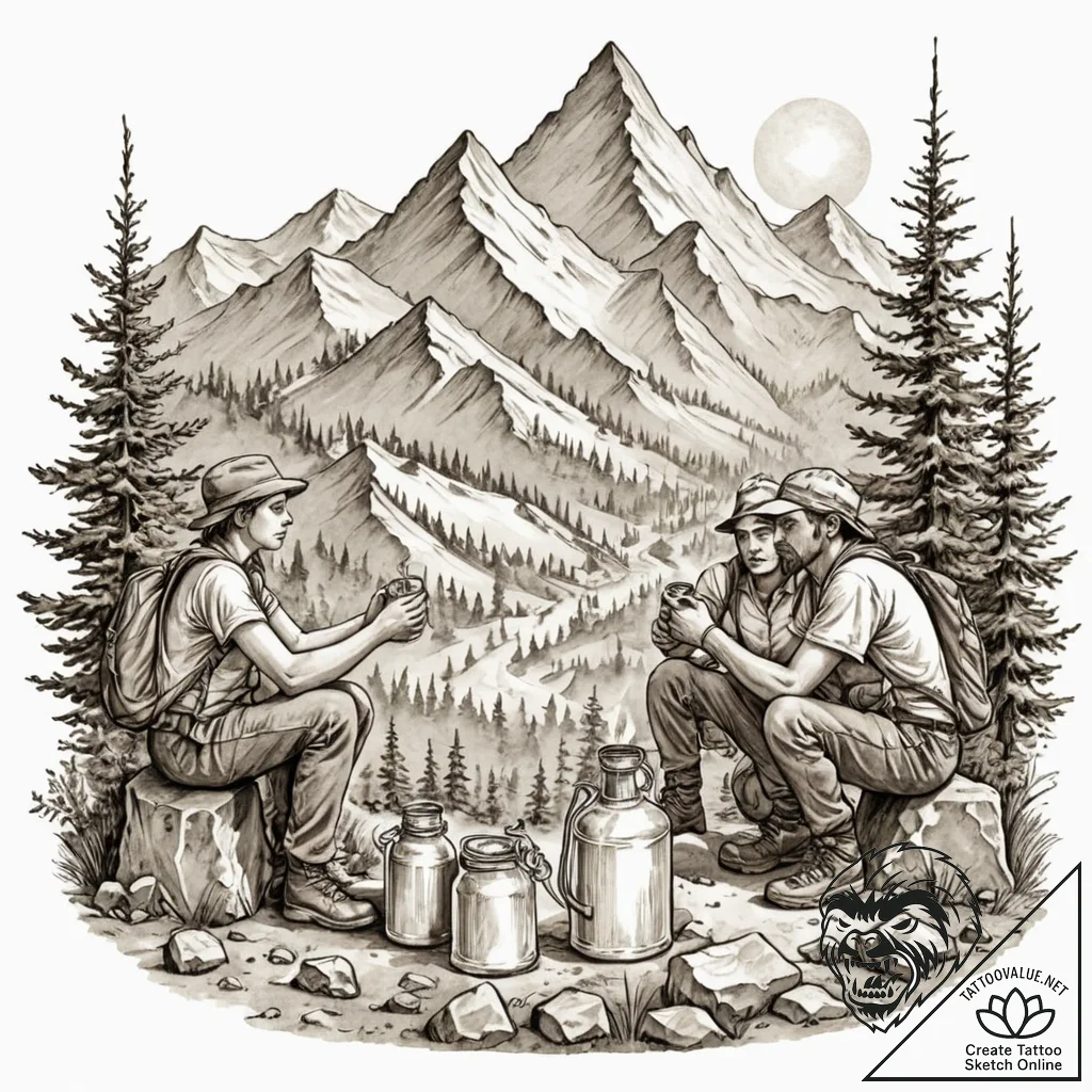 A group of hikers taking a break at a mountai... - tattoo sketch (№1753029259_0, 20.07.2025 16:34) — tattoovalue.net