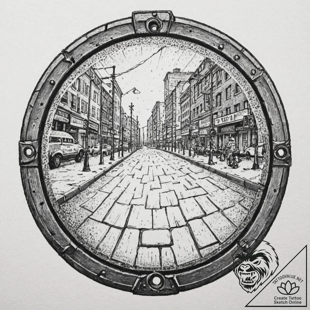 A detailed shot of a manhole cover on a wet c... - tattoo sketch (№1753029842_0, 20.07.2025 16:44) — tattoovalue.net