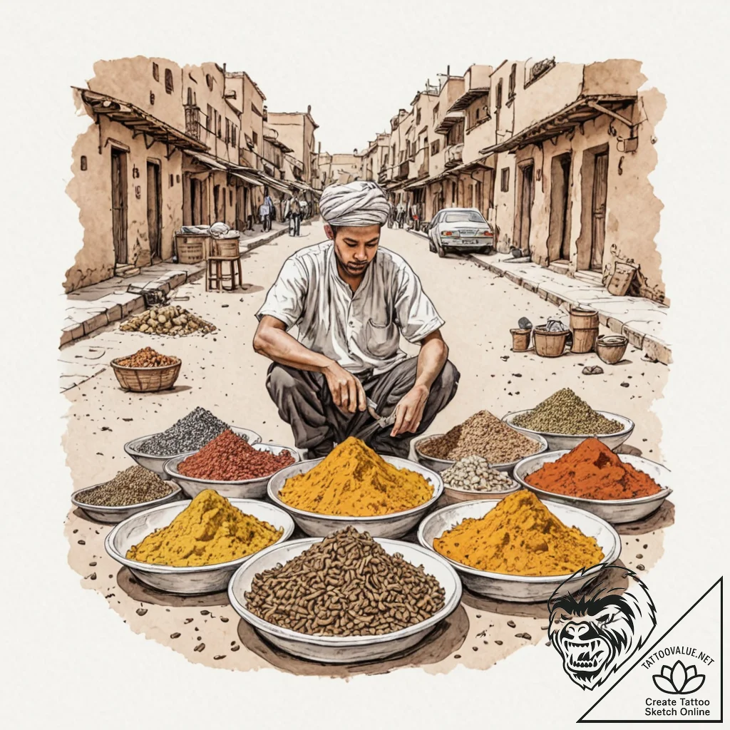 A photo of a street vendor in marrakech, arra... - tattoo sketch (№1753030254_0, 20.07.2025 16:50) — tattoovalue.net