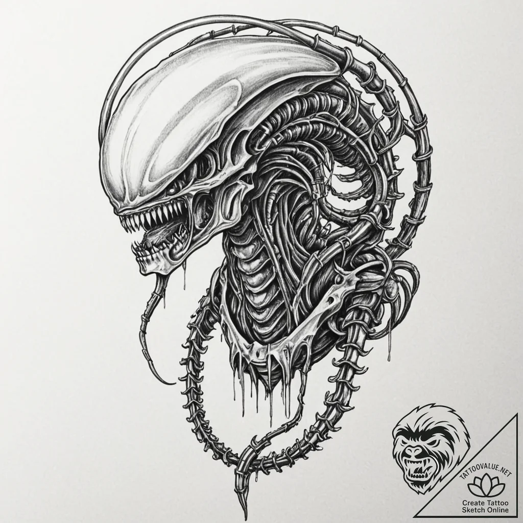 111. graphic novel style tattoo of a xenomorp... - tattoo sketch (№1753030999_0, 20.07.2025 17:03) — tattoovalue.net