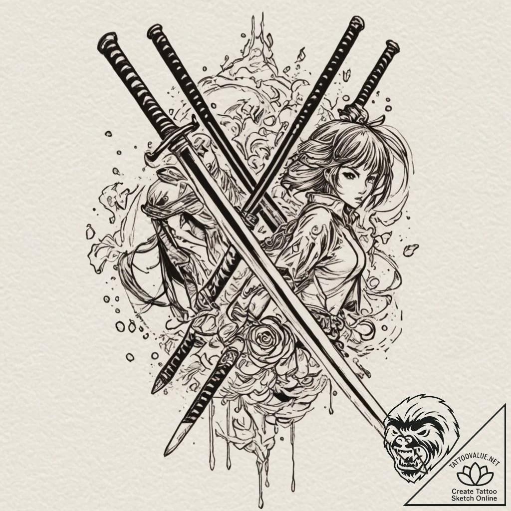 A linework tattoo of two crossed samurai swor... - tattoo sketch (№1753031082_0, 20.07.2025 17:04) — tattoovalue.net