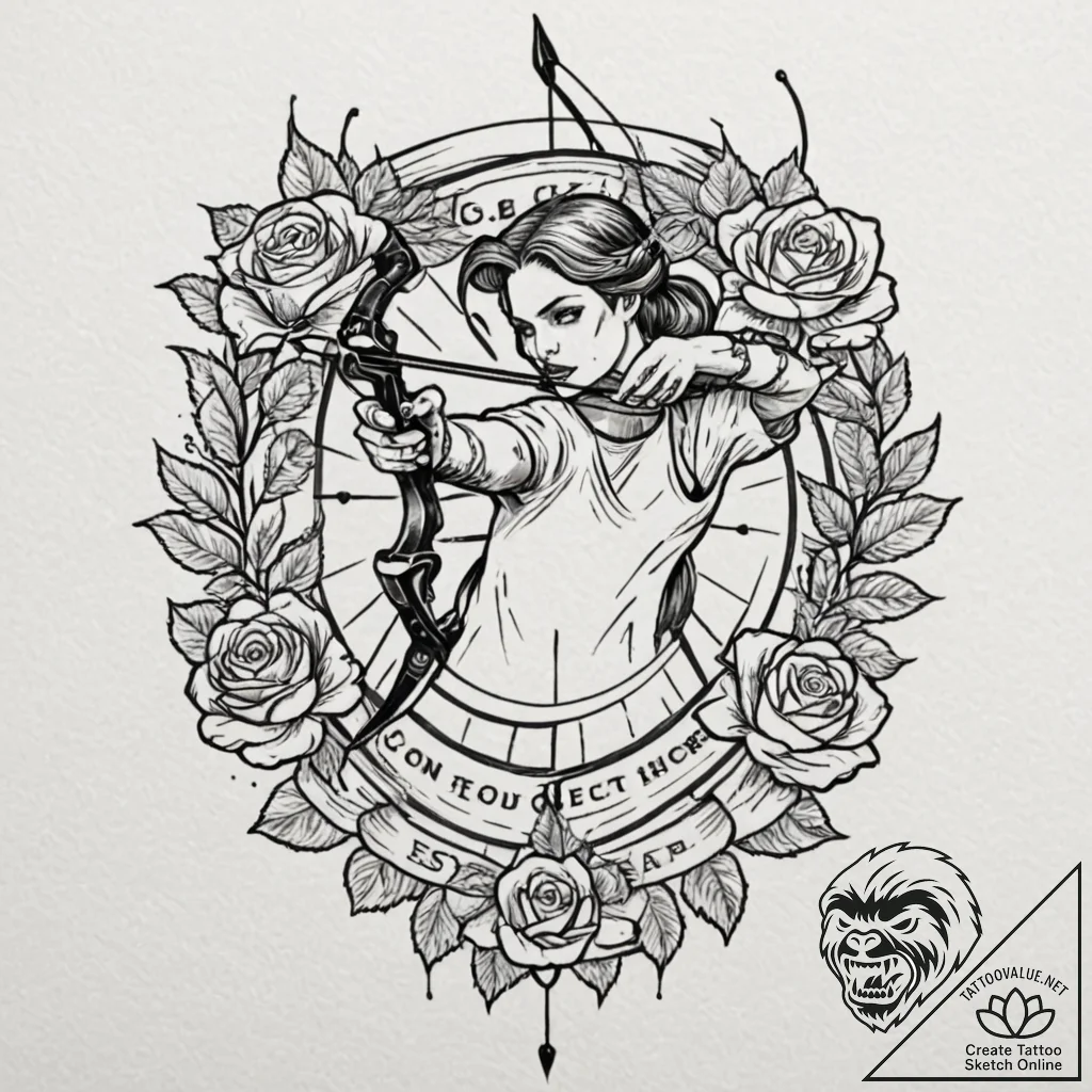 A person practicing archery, aiming at a targ... - tattoo sketch (№1753031164_0, 20.07.2025 17:06) — tattoovalue.net