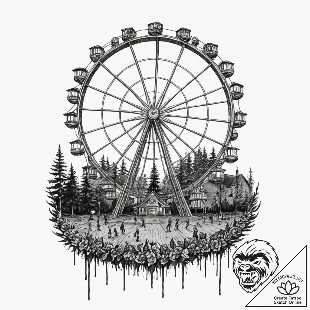 A nighttime shot of a carnival, with the ferr... - tattoo sketch (№1753033068_0, 20.07.2025 17:37) — tattoovalue.net