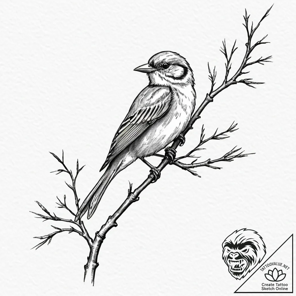 Tattoo sketch a stylized songbird perched on... - tattoo sketch (№1753033812_0, 20.07.2025 17:50) — tattoovalue.net