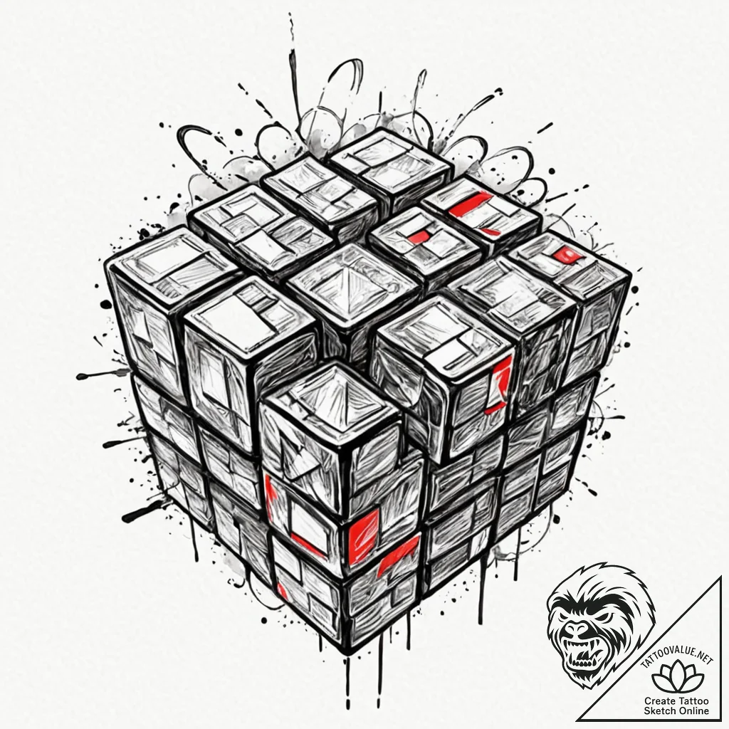Rubik's cube, ink illustration for tattoo, bl... - tattoo sketch (№1753036785_0, 20.07.2025 18:39) — tattoovalue.net