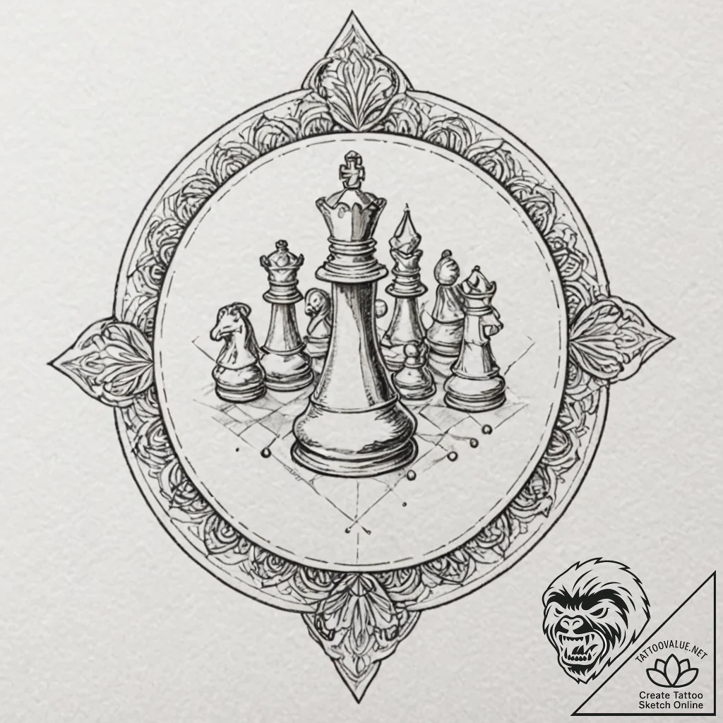 A close-up of a chess piece, the king, tipped... - tattoo sketch (№1753040907_0, 20.07.2025 19:48) — tattoovalue.net