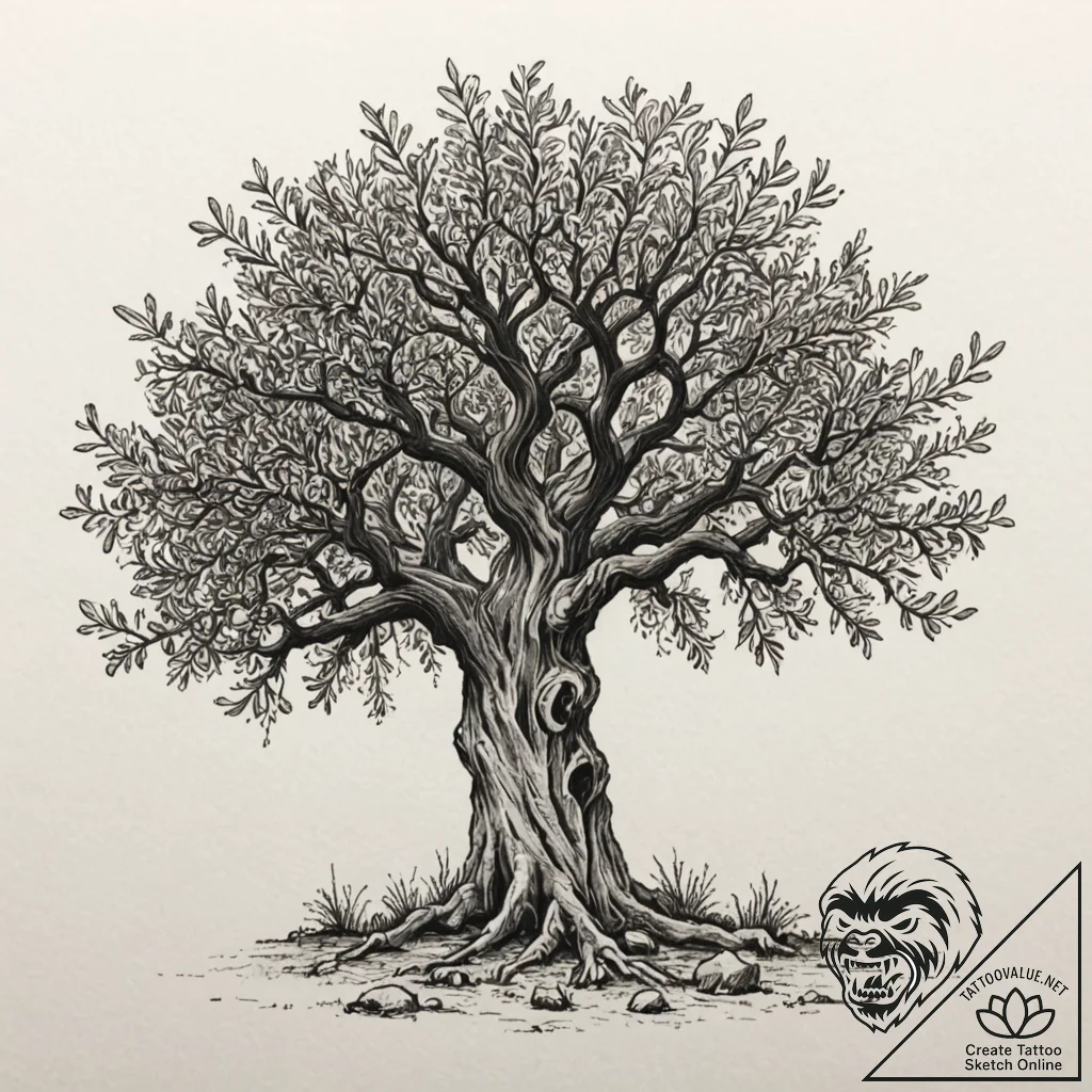 An old, gnarled olive tree in a grove in gree... - tattoo sketch (№1753041154_0, 20.07.2025 19:52) — tattoovalue.net