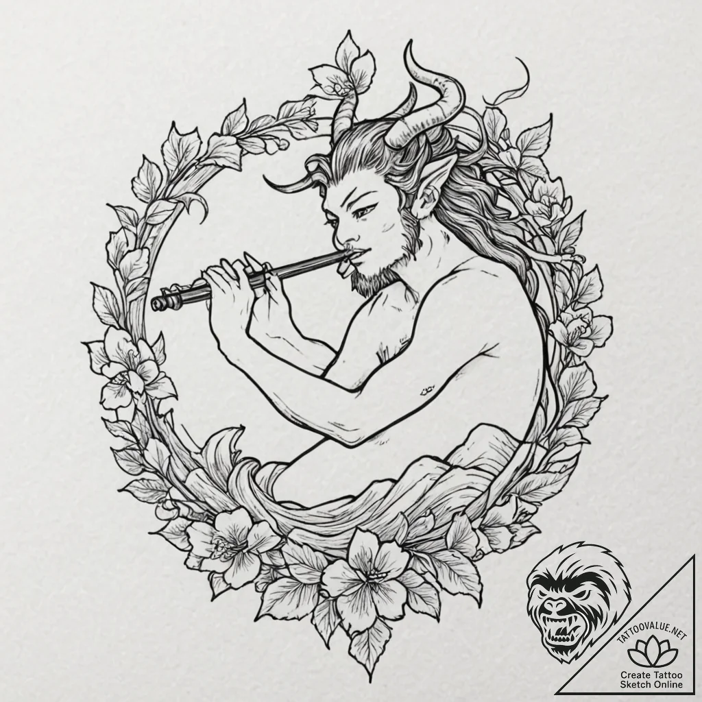 A neo-traditional tattoo of a satyr playing t... - tattoo sketch (№1753041815_0, 20.07.2025 20:03) — tattoovalue.net