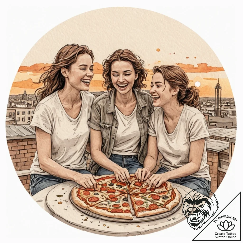 A candid shot of friends sharing a pizza and... - tattoo sketch (№1753041981_0, 20.07.2025 20:06) — tattoovalue.net