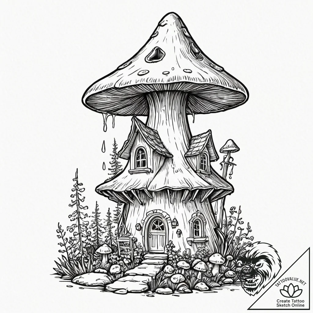 Tattoo design a whimsical mushroom house., co... - tattoo sketch (№1753042147_0, 20.07.2025 20:09) — tattoovalue.net