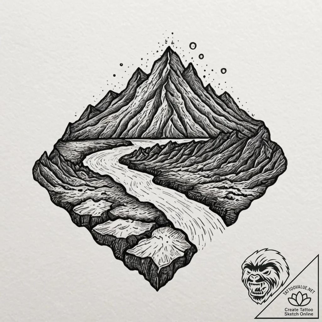 Tattoo sketch a volcanic landscape with glowi... - tattoo sketch (№1753043636_0, 20.07.2025 20:33) — tattoovalue.net