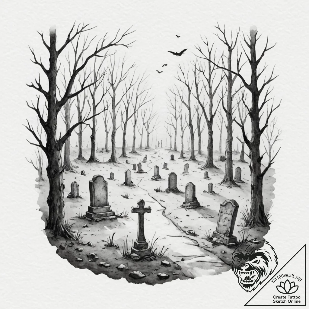 A watercolor sketch of a misty, spooky gravey... - tattoo sketch (№1753044874_0, 20.07.2025 20:54) — tattoovalue.net