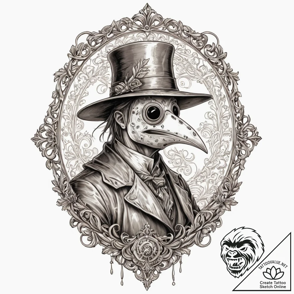 Plague doctor, tattoo line art, sepia tone sk... - tattoo sketch (№1753045616_0, 20.07.2025 21:06) — tattoovalue.net