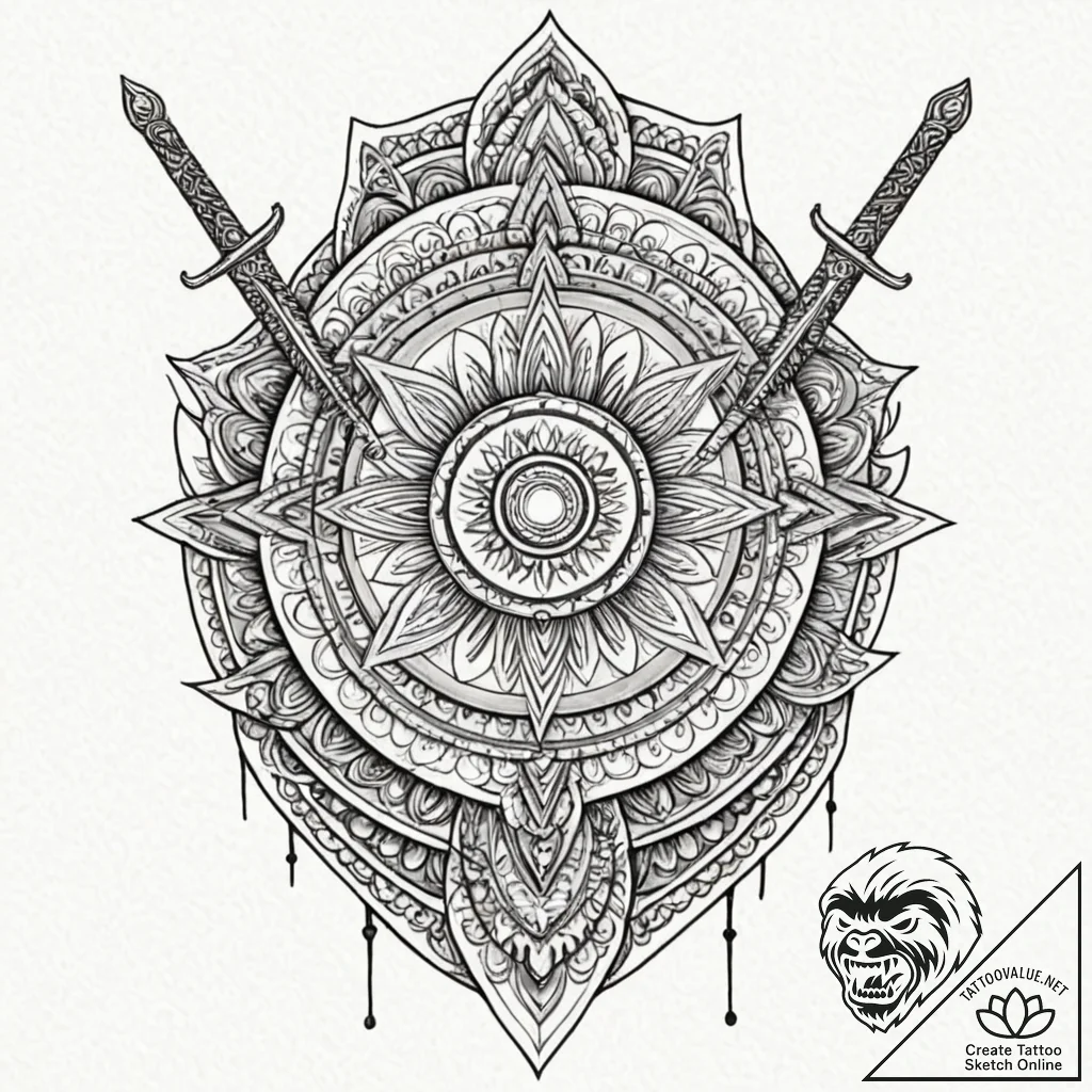 Shield and sword, ink illustration for tattoo... - tattoo sketch (№1753046772_0, 20.07.2025 21:26) — tattoovalue.net
