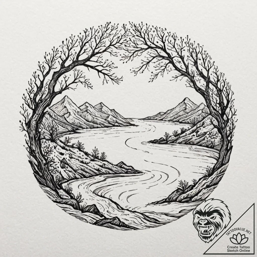 Tattoo design: a landscape of fertile earth a... - tattoo sketch (№1753047185_0, 20.07.2025 21:33) — tattoovalue.net