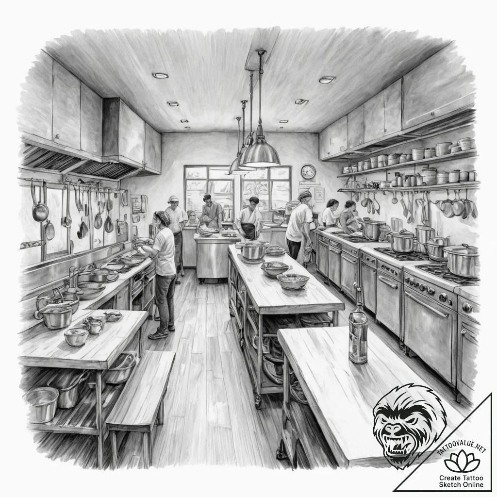 The inside of a bustling, chaotic commercial... - tattoo sketch (№1753047350_0, 20.07.2025 21:35) — tattoovalue.net
