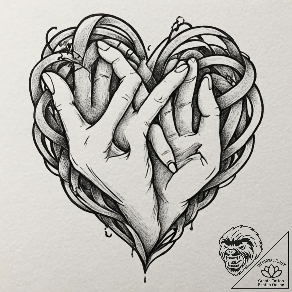 Tattoo design a heart made of intertwined fin... - tattoo sketch (№1753049415_0, 20.07.2025 22:10) — tattoovalue.net