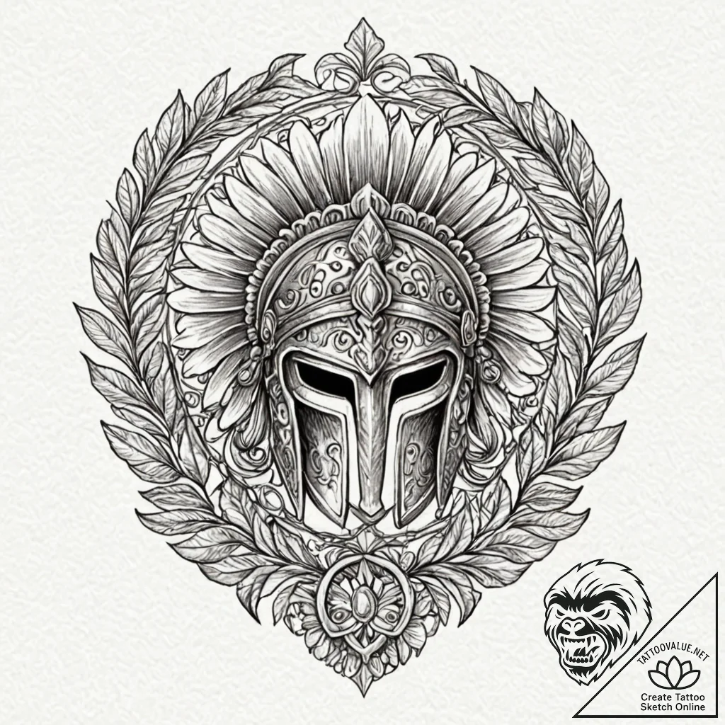 Tattoo design a spartan helmet with a laurel... - tattoo sketch (№1753050815_0, 20.07.2025 22:33) — tattoovalue.net