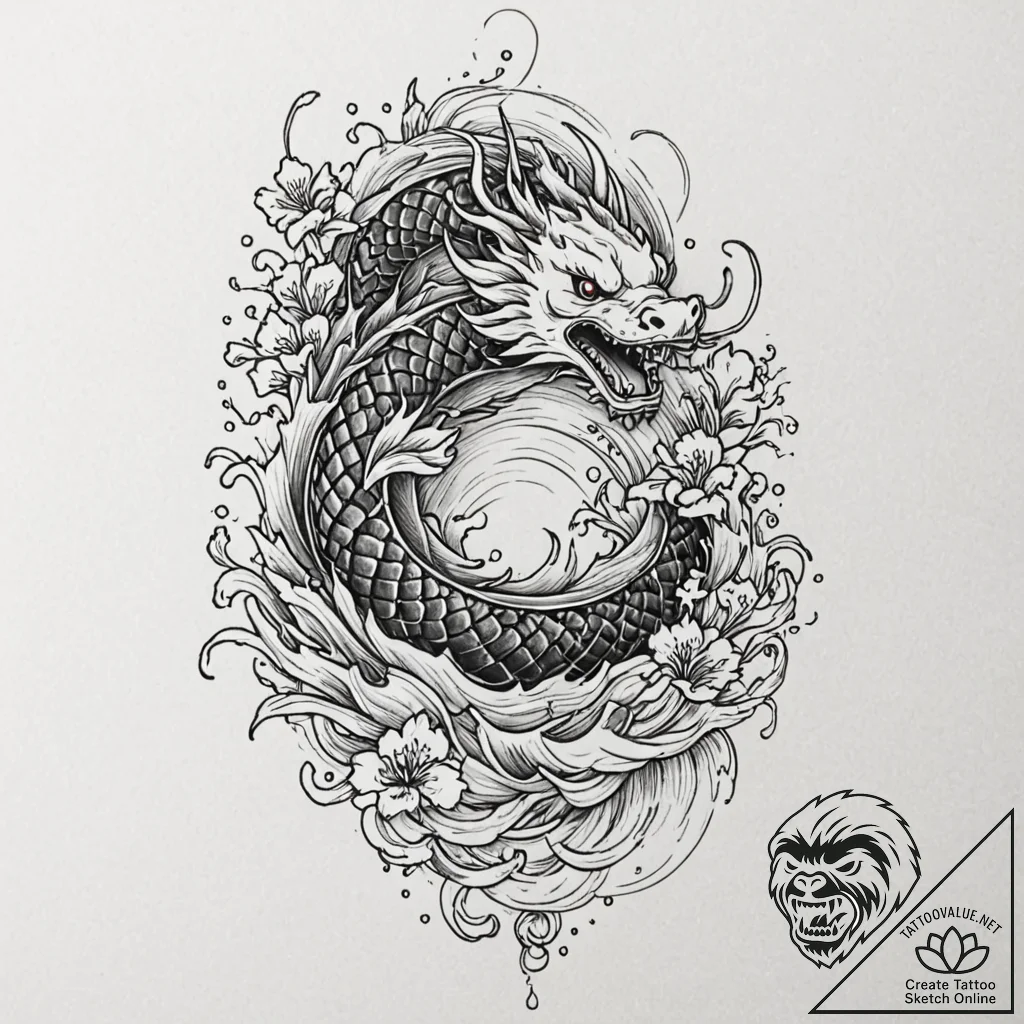Tattoo design a calm lake with a fantasy crea... - tattoo sketch (№1753051807_0, 20.07.2025 22:50) — tattoovalue.net