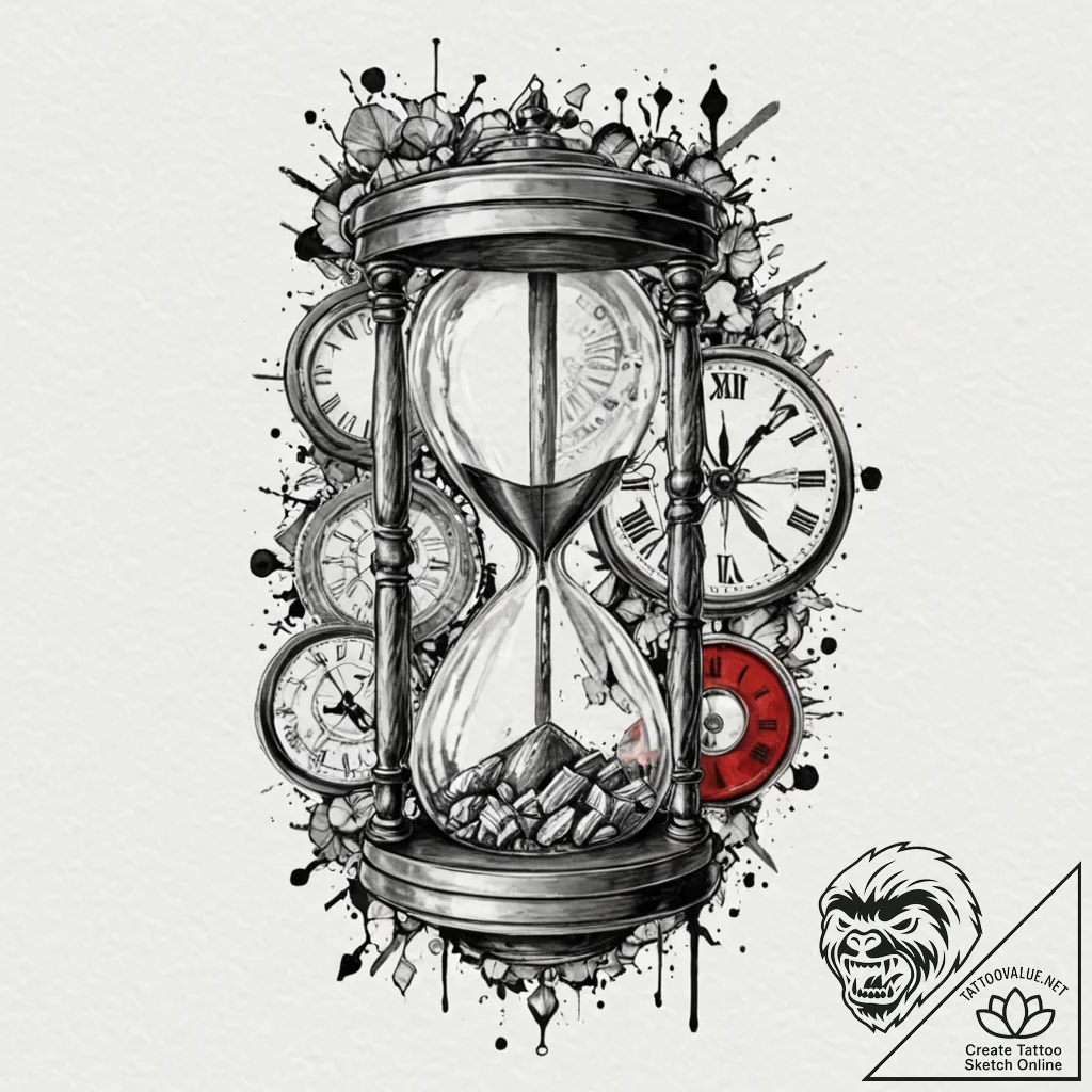 Tattoo design a broken clock or hourglass, wi... - tattoo sketch (№1753052219_0, 20.07.2025 22:56) — tattoovalue.net