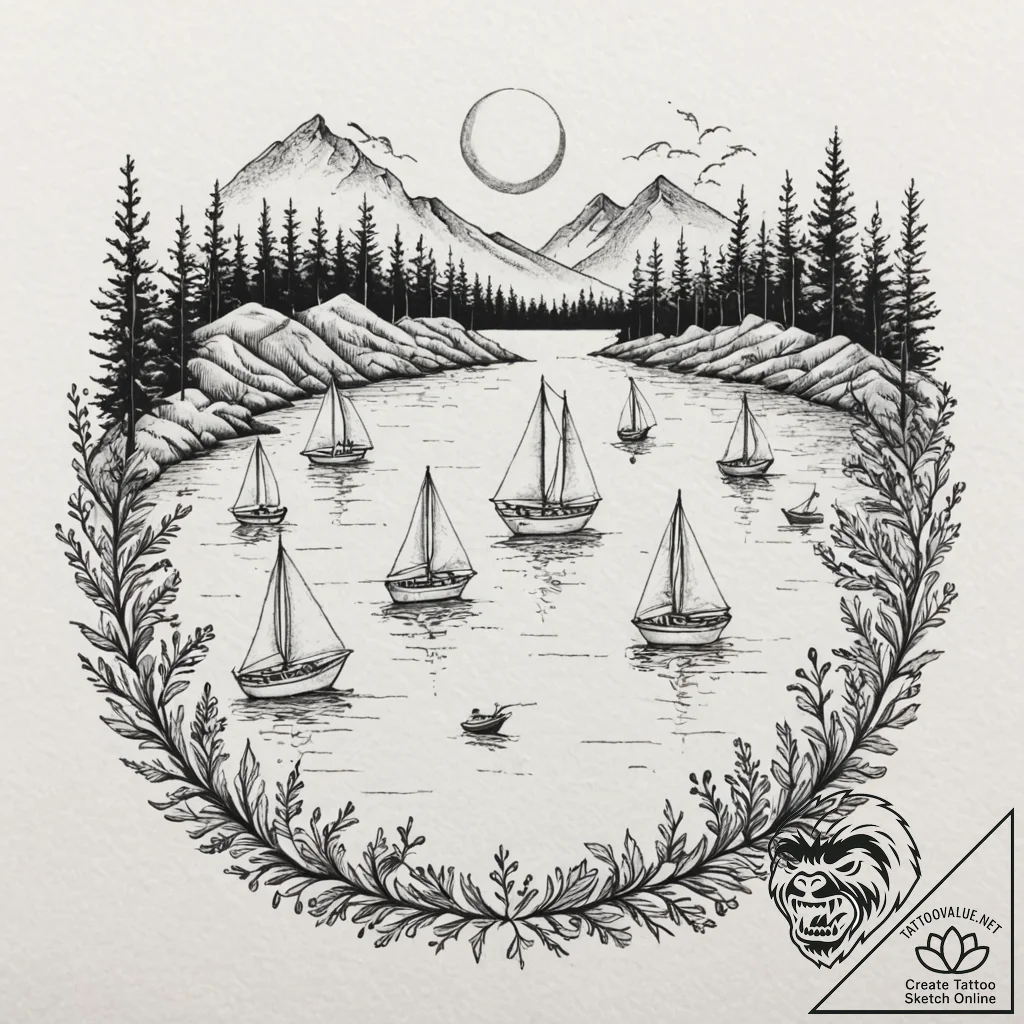 A shot of a harbor filled with sailboats, the... - tattoo sketch (№1753054942_0, 20.07.2025 23:42) — tattoovalue.net