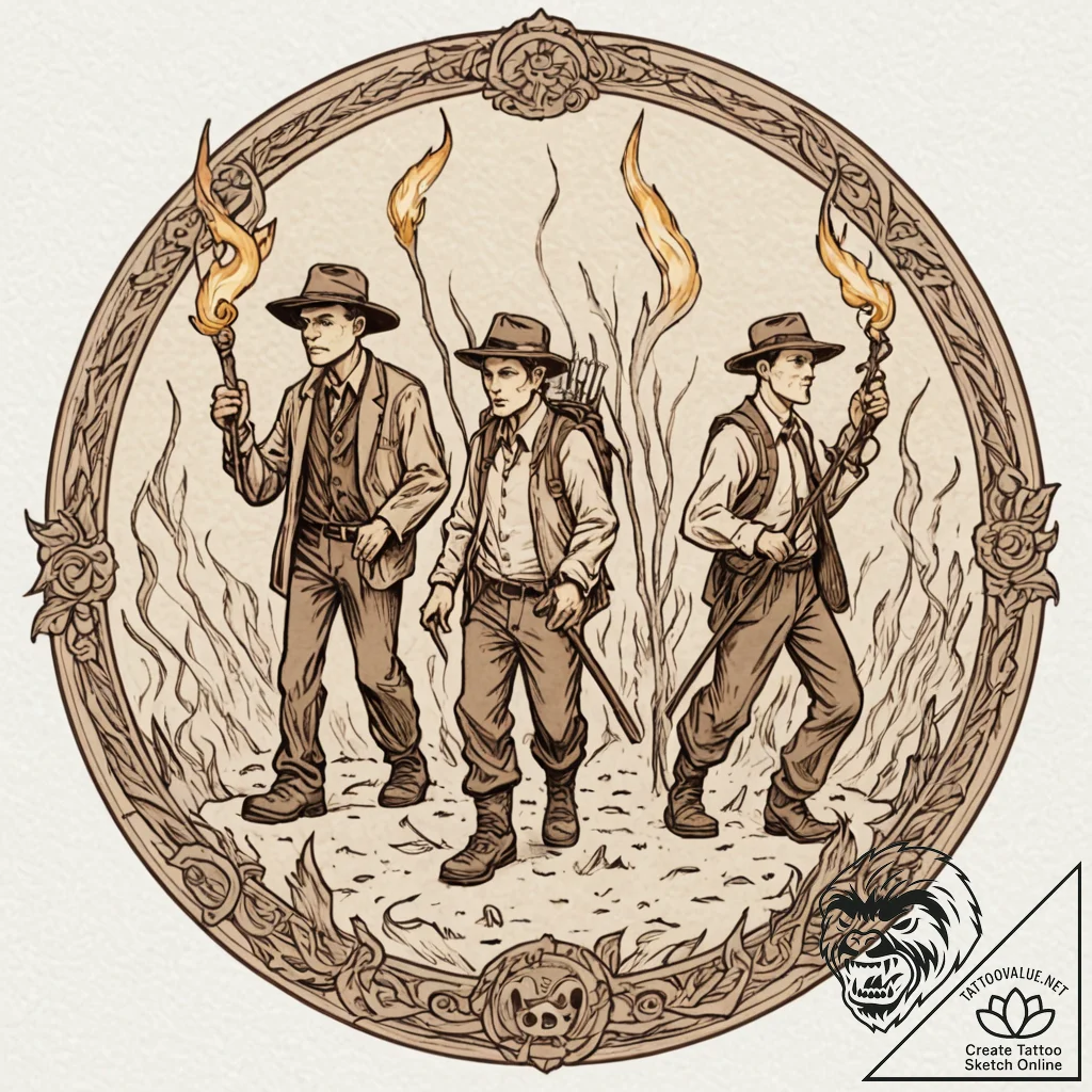 A graphic novel panel of a mob with torches a... - tattoo sketch (№1753056512_0, 21.07.2025 00:08) — tattoovalue.net