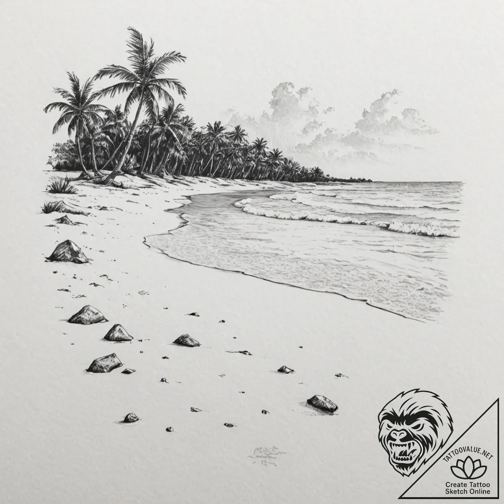 A pristine, white sand beach with crystal cle... - tattoo sketch (№1753056760_0, 21.07.2025 00:12) — tattoovalue.net