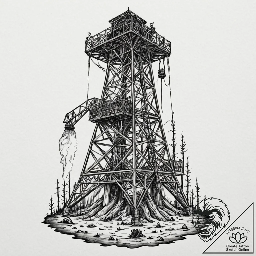 A sketch of the oil derrick on fire from ther... - tattoo sketch (№1753057504_0, 21.07.2025 00:25) — tattoovalue.net