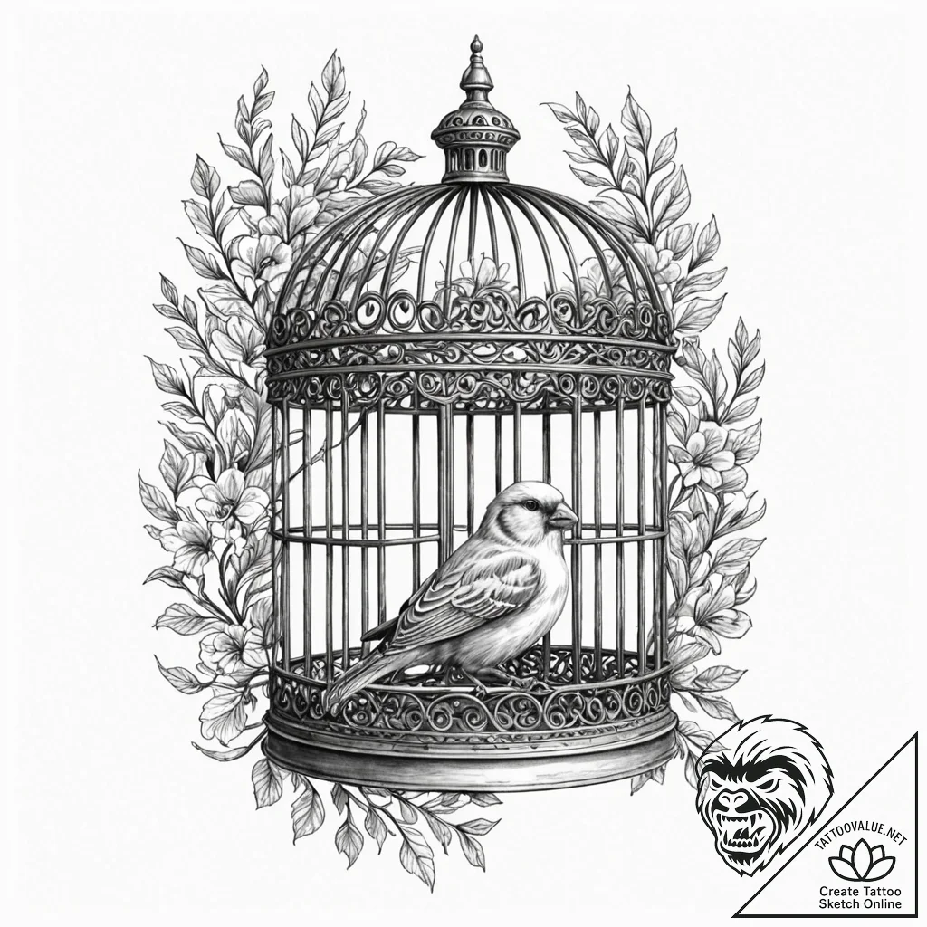 Tattoo design a small, ornate birdcage with i... - tattoo sketch (№1753057998_0, 21.07.2025 00:33) — tattoovalue.net
