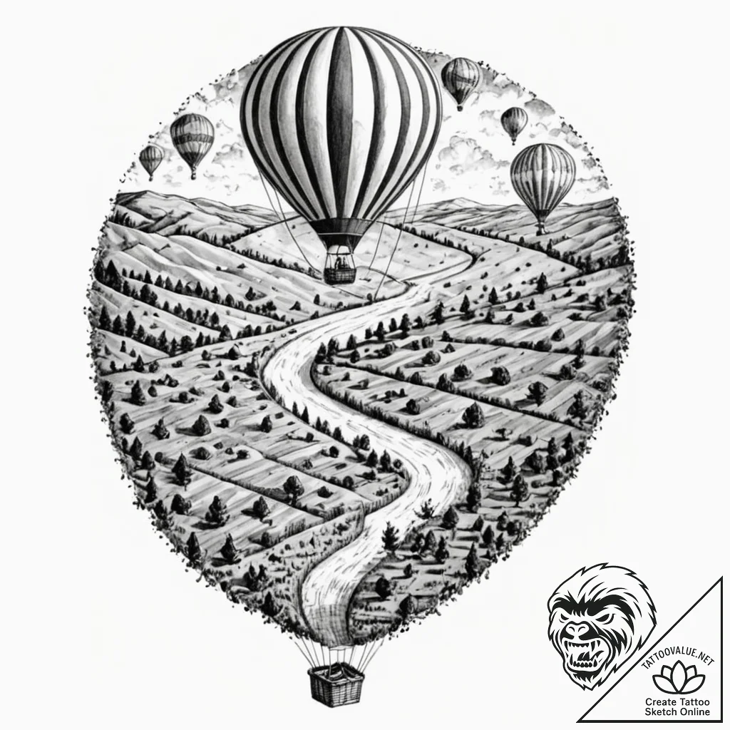 A view from a hot air balloon, looking down o... - tattoo sketch (№1753059399_0, 21.07.2025 00:56) — tattoovalue.net